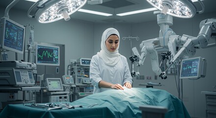 A female surgeon, wearing a hijab, meticulously prepares a patient for a robotic surgery in a modern operating room, showcasing advanced medical