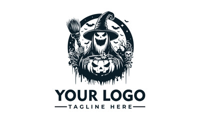 A spooky Halloween logo featuring a ghost, pumpkin, and witch's hat.