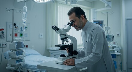 Focused researcher meticulously examines a sample under a powerful microscope in a modern medical laboratory setting.