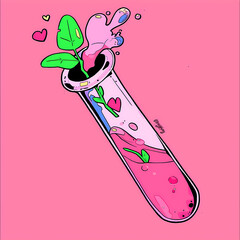 Green sprout grows from a test tube with pink liquid for a biology or chemistry concept. Growth and development.