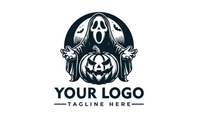 Spooky ghost figure holding a carved pumpkin, with bats and a moon in the background.