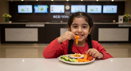 Happy child enjoys a healthy snack of hummus and vegetables, a cheerful moment captured in a bright, modern setting.