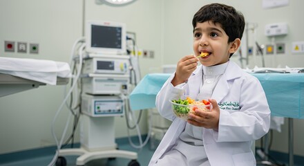 Young boy in a lab coat enjoys a healthy meal in a medical setting, a delightful blend of childhood innocence and professional aspiration.