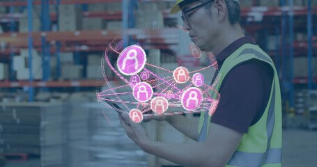 Warehouse manager holding tablet and watching hologram pulsing after tapping screen confirming data - Powered by Adobe