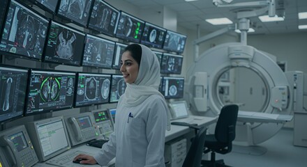 Focused female medical professional analyzes medical scans on a wall of monitors in a modern medical facility.