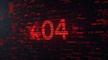 Error 404: Digital Glitch Animation, Red Code, Data Failure.