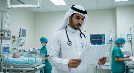 Focused Arab doctor reviews patient charts in a modern hospital, showcasing healthcare professionalism and cultural diversity.
