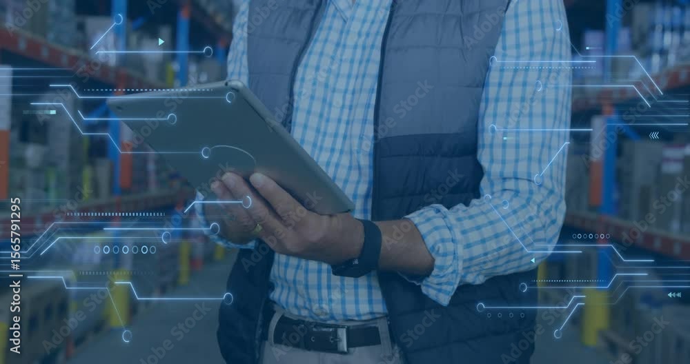Poster warehouse manager tapping tablet and swiping 3d data while scanning shelves for stock confirmation