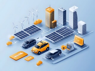 Obraz premium An isometric view of a futuristic city, the image presents a vision of sustainable urban design, showcasing solar panels, wind turbines, electric vehicles.
