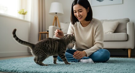 Playful moment between lady and cat : A tender scene unfolds as a smiling lady, connected with a cute cat in a cozy living space, fostering a bond of affection. This moment of joy.