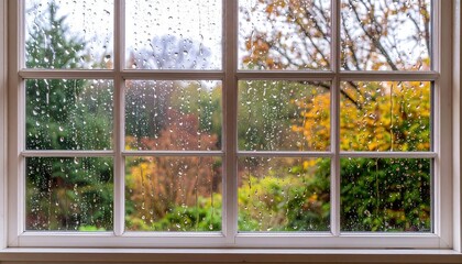 Rain Streaked Window View Of Autumnal Landscape With Forest In Soft Focus And Colorful Foliage