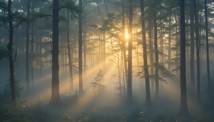Golden sunlight filtering through a dense forest in early morning mist, calm and serene nature atmosphere"