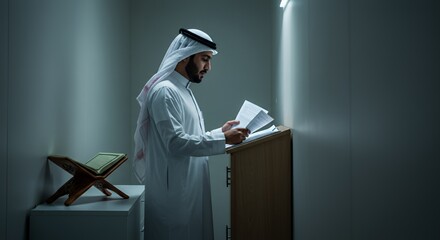 A man in traditional Middle Eastern attire thoughtfully studies documents at a wooden lectern in a dimly lit room.
