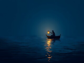 A lone figure navigates the calm, dark waters in a small boat, holding aloft a lantern that casts a warm, inviting glow, creating a captivating scene of solitary exploration.