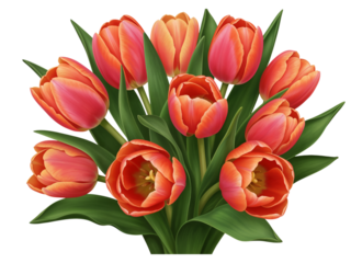 Vibrant bouquet of red and orange tulips with green leaves isolated on transparent background