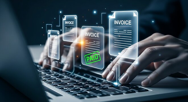 E-invoicing and digital billing concept. Businessman at a laptop managing holographic invoices with a green "PAID" stamp, representing paperless accounting. - Powered by Adobe