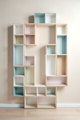 Modern Pastel Colored Modular Shelving Unit Against a Beige Wall with a Light Wood Floor in a Minimalist Interior