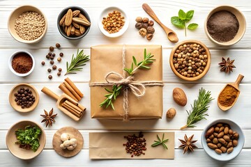 Gift Box Surrounded by Assorted Spices and Herbs on a White Wooden Surface Top Down View Culinary Theme