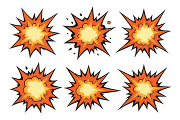 Dynamic and colorful comic explosion icons, featuring energetic bursts and fiery flames, ideal for emphasizing intense moments or action scenes