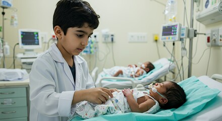 Young boy in a doctor's coat gently adjusts the blanket of a baby in a hospital.
