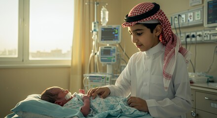 Gentle hands of a young man lovingly cradle a newborn in a hospital room bathed in sunlight.