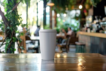 Vibrant Color Picture of White Blank Tumbler Mockup on a Table in a Restaurant Cafe