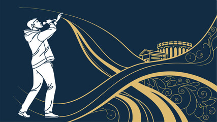 Modern Graphic Design Banner of Singer or Speaker with Ornate Waves and Cultural Buildings ,  A sophisticated vector illustration featuring a stylized, white silhouette of a man singing or speaking in