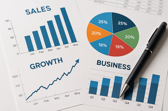 Business Analytics Charts and Graphs with Pen – Sales, Growth, and Market Data Concept