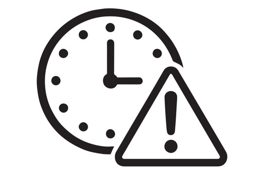 A monochrome illustration of a clock with a warning triangle icon representing urgency or time sensitive matters