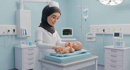 Gentle Care: A Muslim nurse lovingly attends to a newborn baby in a modern hospital nursery.
