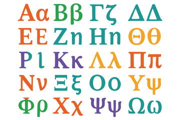 Colorful and vibrant Greek alphabet featuring uppercase and lowercase letters, each represented in bold and bright colors for a playful and educational design