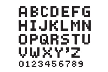 A modern pixel grid font displaying uppercase letters and numbers in a unique, blocky style, suitable for digital, tech, or gaming themes