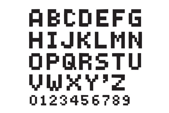 A modern pixel grid font displaying uppercase letters and numbers in a unique, blocky style, suitable for digital, tech, or gaming themes