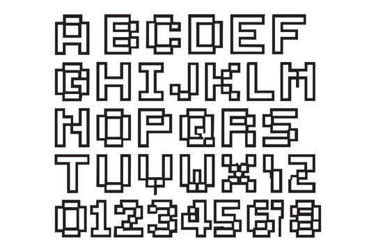 A pixelated grid alphabet featuring bold, blocky letters and numbers, ideal for retro or digital design projects