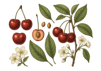 Botanical Cherry Blossom Illustration of Fruit, Branch, Leaves