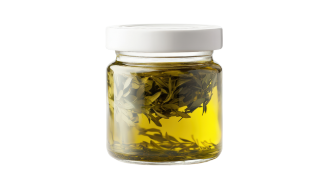 Glass jar of olive oil Transparent background, PNG file