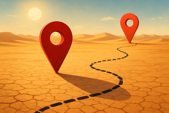 An imaginative desert scene with large red map markers and a winding trail of footprints, representing a journey or adventure across a dry, barren landscape