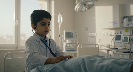 A young boy, dressed as a doctor, uses a stethoscope to examine a patient in a hospital room, showcasing a heartwarming scene of childhood