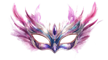Glittery masquerade mask with feathers, Transparent background, PNG file