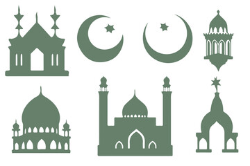 Green ramadan icon set featuring traditional lanterns and mosque silhouettes for islamic celebrations