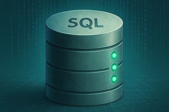 Futuristic SQL database system with green indicator lights on dark background, symbolizing data processing and management with digital binary code