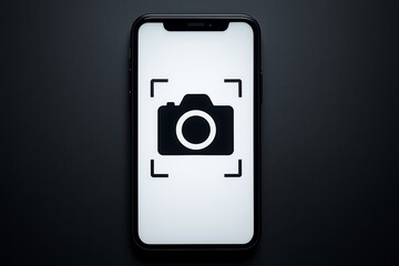 a smartphone screen with a camera icon and focus box, representing the smartphones photography function in a sleek, modern design