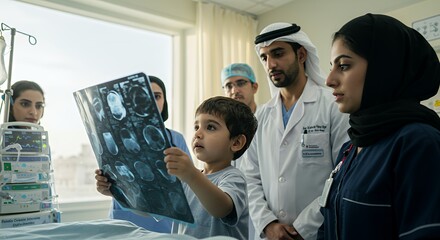 Young boy examines medical scan with attentive doctors and nurses, showcasing collaborative healthcare.
