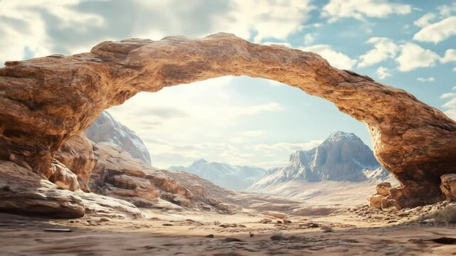 Desert arch framing distant peaks