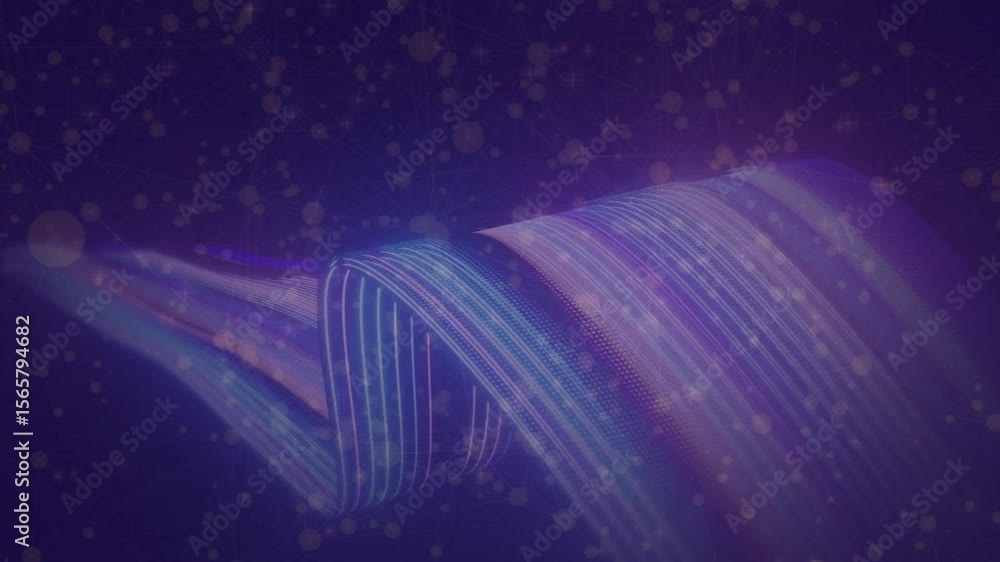 Poster digital ribbon emerging on start, oscillating in color wave particles drifting forming smooth loop
