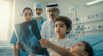 Young patient attentively examines medical x-ray with doctors present, showcasing collaborative healthcare.