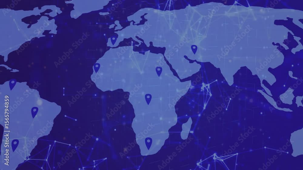 Poster soft blur sharpening into map shape, map emitting pins and linking regions, visualizing network