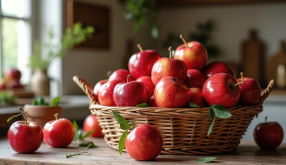 Fresh Red Apples in a Wicker Basket, Perfect for Fall