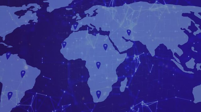 Soft blur sharpening into map shape, map emitting pins and linking regions, visualizing network