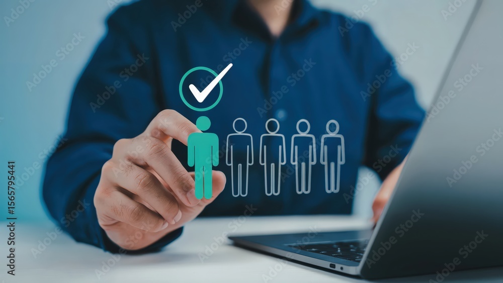 Poster person selecting a candidate with a check mark using a laptop